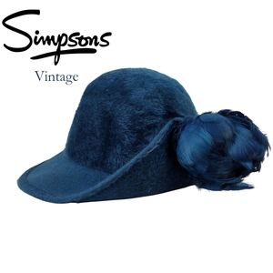 Simpsons Vintage Deep Blue Cloche Hat with Feather Rose